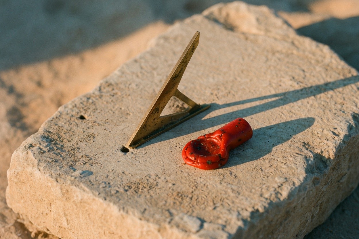 A brass sundial and a piece of red wax on a limestone block in late sun.