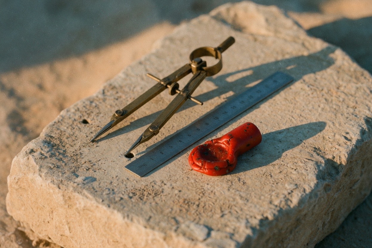 A brass drafting compass and a steel scale on limestone, with red wax beside them.